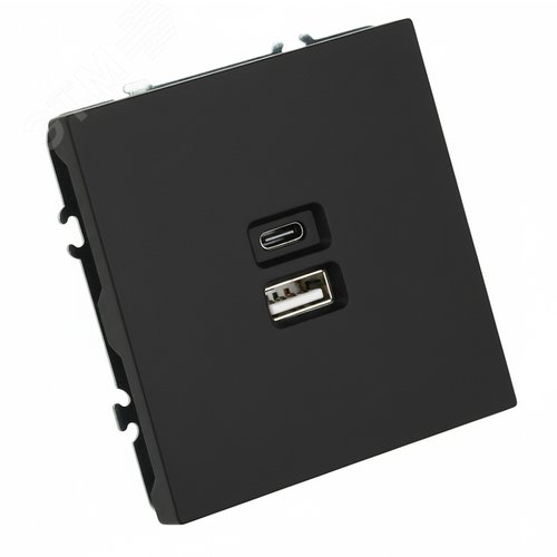 Розетка 2-местная USB + Type C (механизм), 250В, 20W, серия Эмили,, черный уголь, soft touch - фото 2