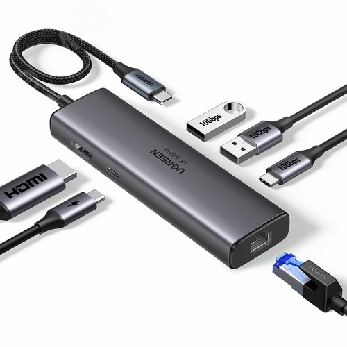 Хаб USB (концентратор) CM512 USB-C - HDMI+2*USB 3.2 A+1*USB 3.2 C+RJ45+PD, 4Kх60Гц, серый - артикул 6941876240005